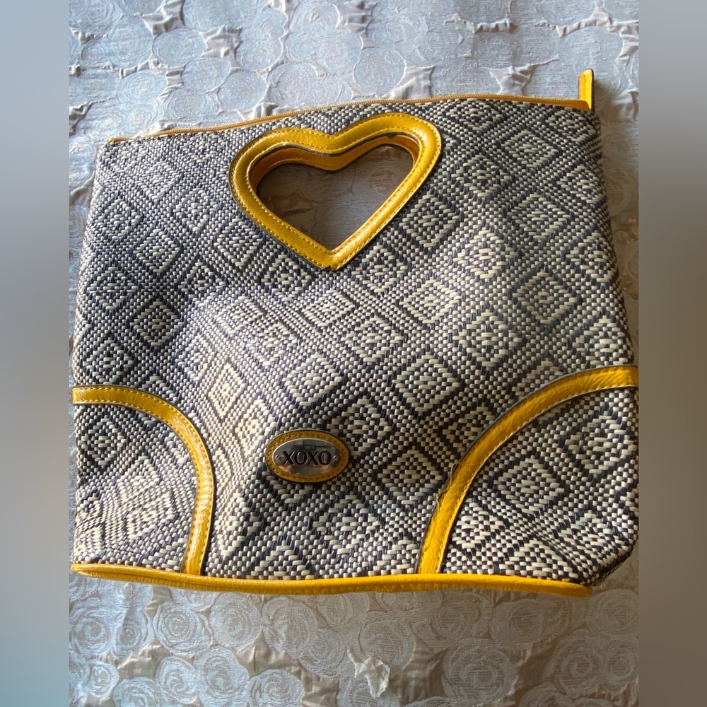 XOXO Black and White Purse with Yellow Trim Heart shaped Handle